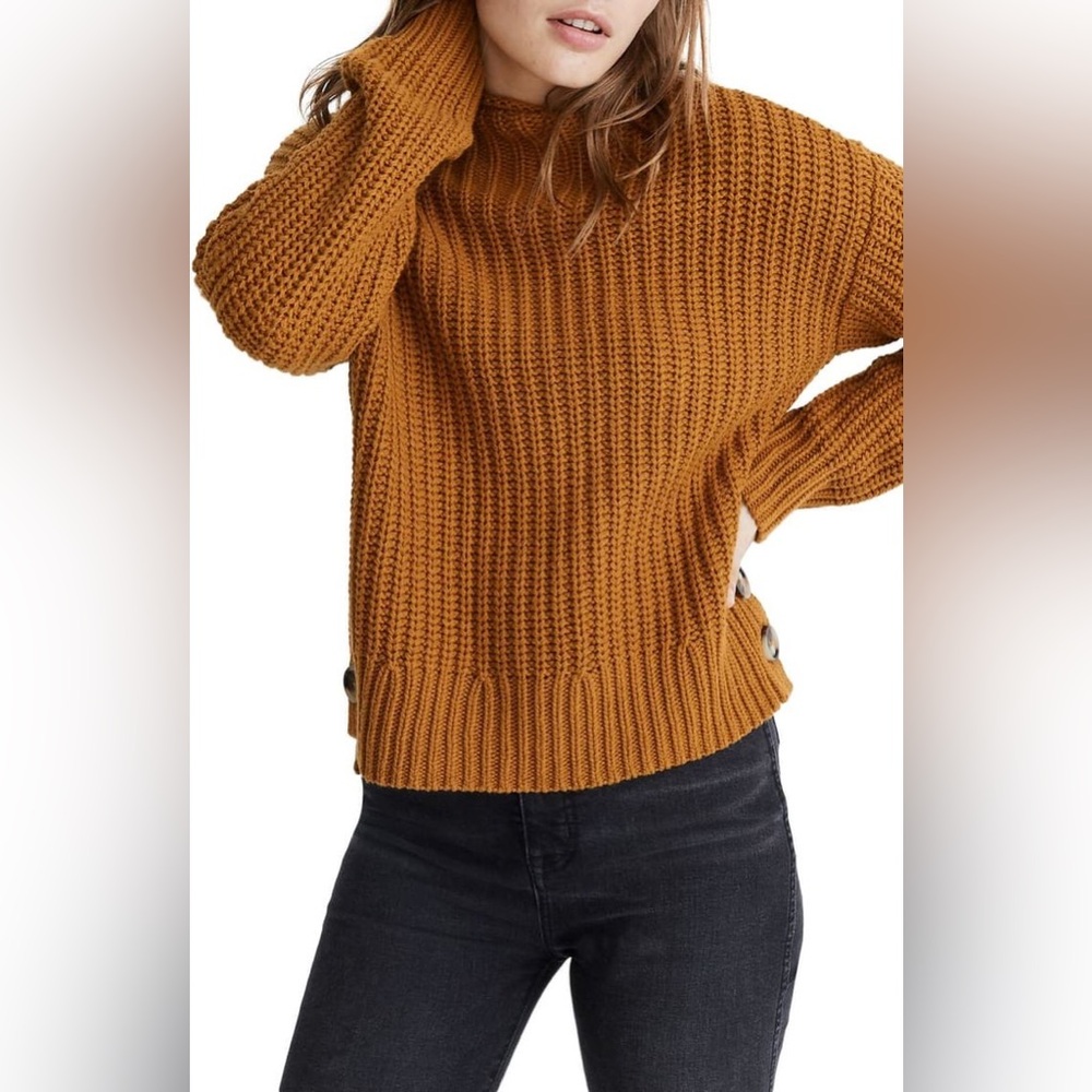 Madewell High Neck Knit Sweater Button Details Marigold Small